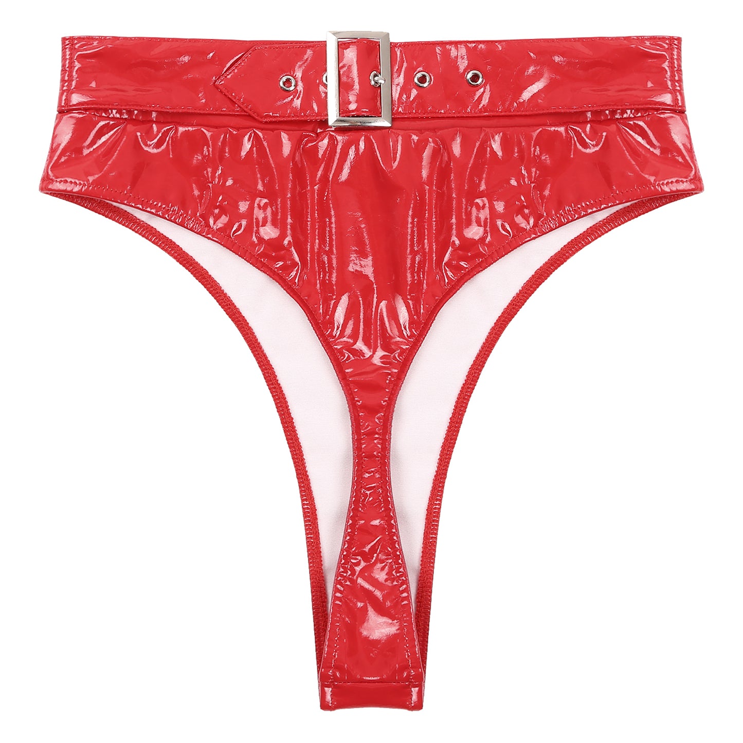 Womens Adult Sexy Thong Latex Panties Lingerie Wet Look Patent Leather Briefs Underwear Buckle Belted Pole Dance PVC Panties