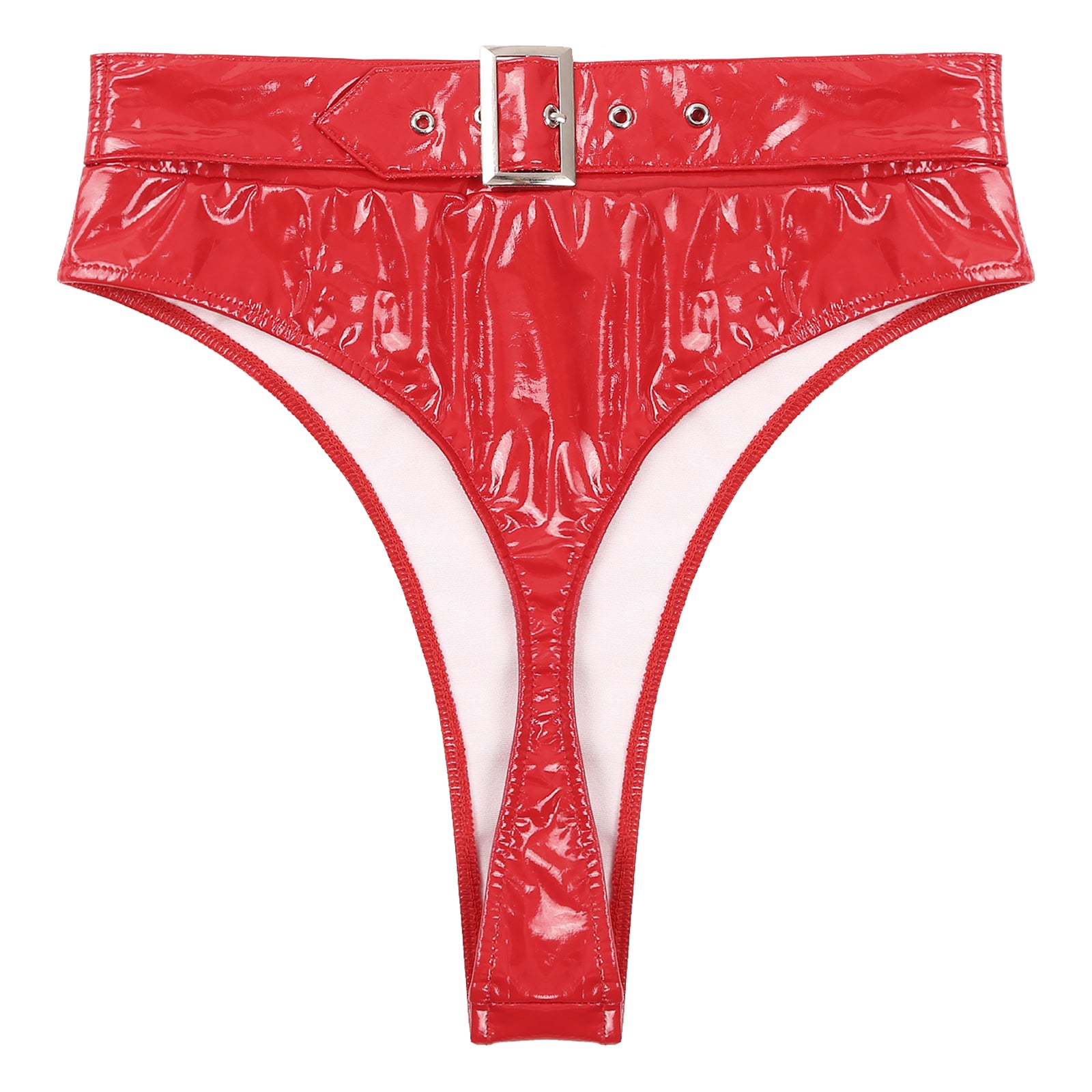 Womens Adult Sexy Thong Latex Panties Lingerie Wet Look Patent Leather Briefs Underwear Buckle Belted Pole Dance PVC Panties