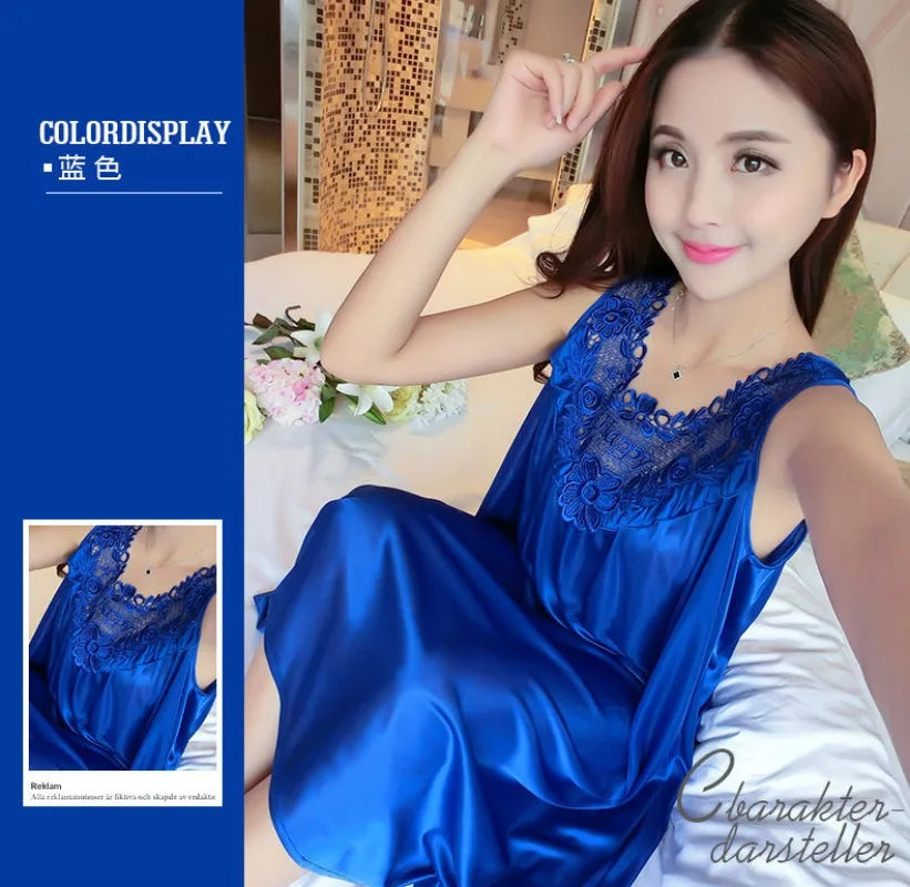 Summer Imitation Silk Nightgowns Women 2025 Sexy Sleepwear Nightwear Female  Spaghetti Strap Underwear Lace Breathable Homewear