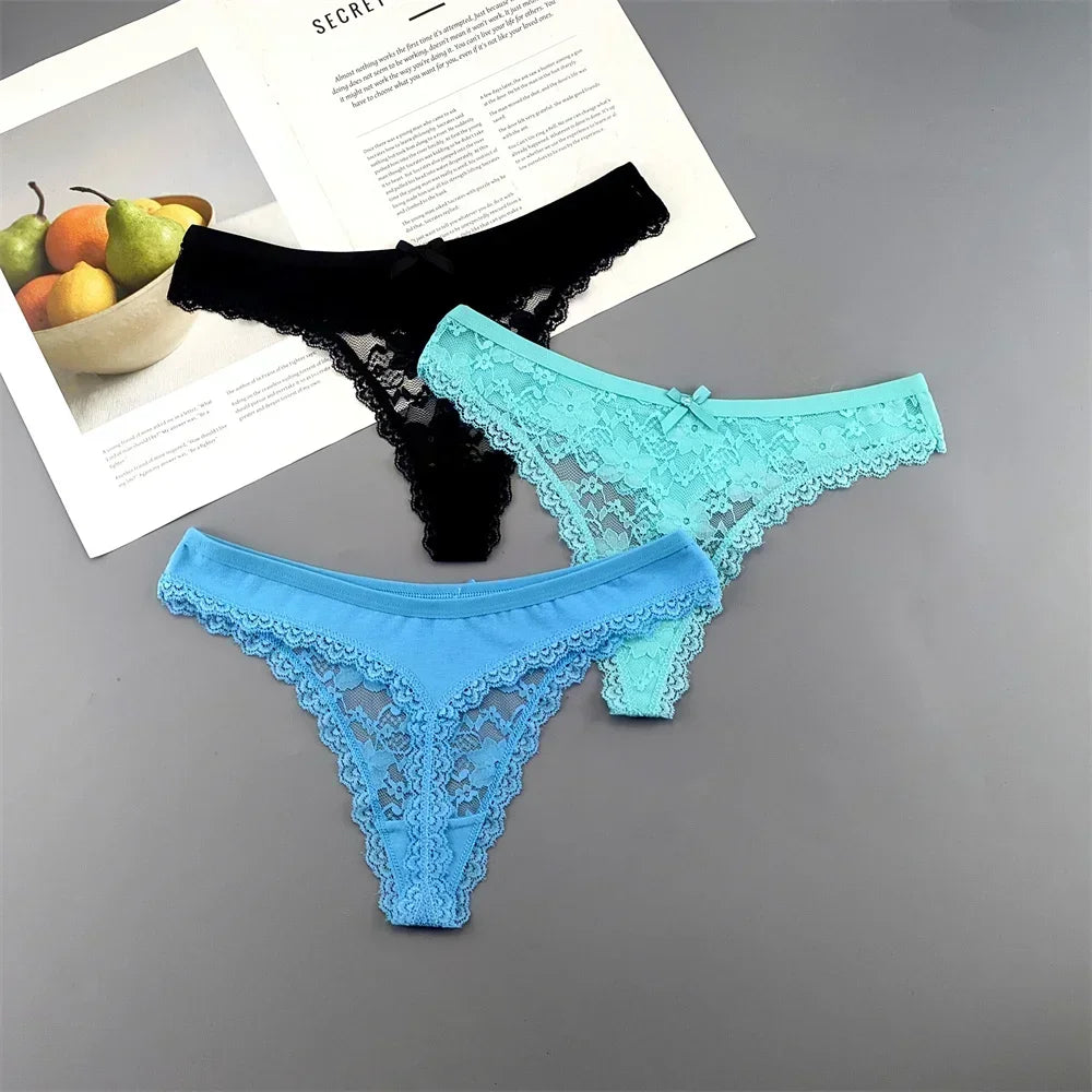 INTIMO SECRETS Plus Size Lace Cotton Thongs – Seamless T-Back G-String Underwear for Women 3PC