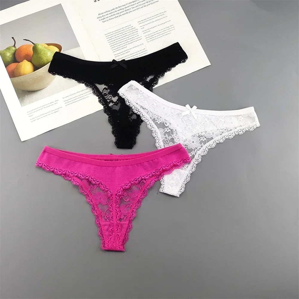 INTIMO SECRETS Plus Size Lace Cotton Thongs – Seamless T-Back G-String Underwear for Women 3PC