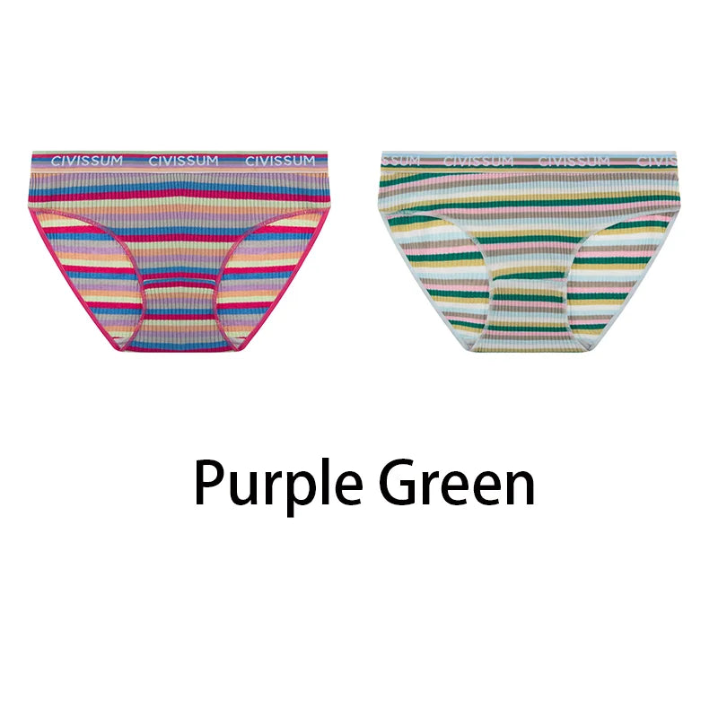 2PCS/Set Women Cotton Plus Size Panties M-4XL Comfort Underwear Sexy Colorful Rainbow Striped Lingerie Girls Cute Briefs NK608