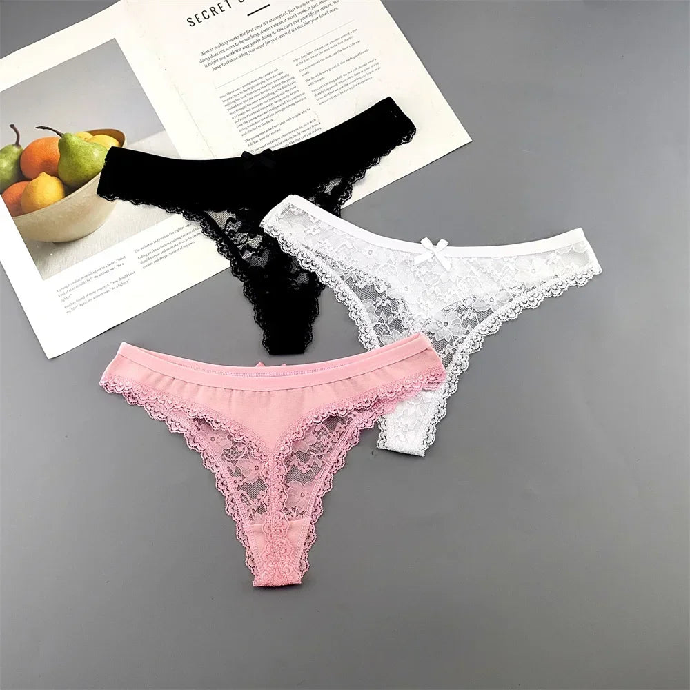 INTIMO SECRETS Plus Size Lace Cotton Thongs – Seamless T-Back G-String Underwear for Women 3PC