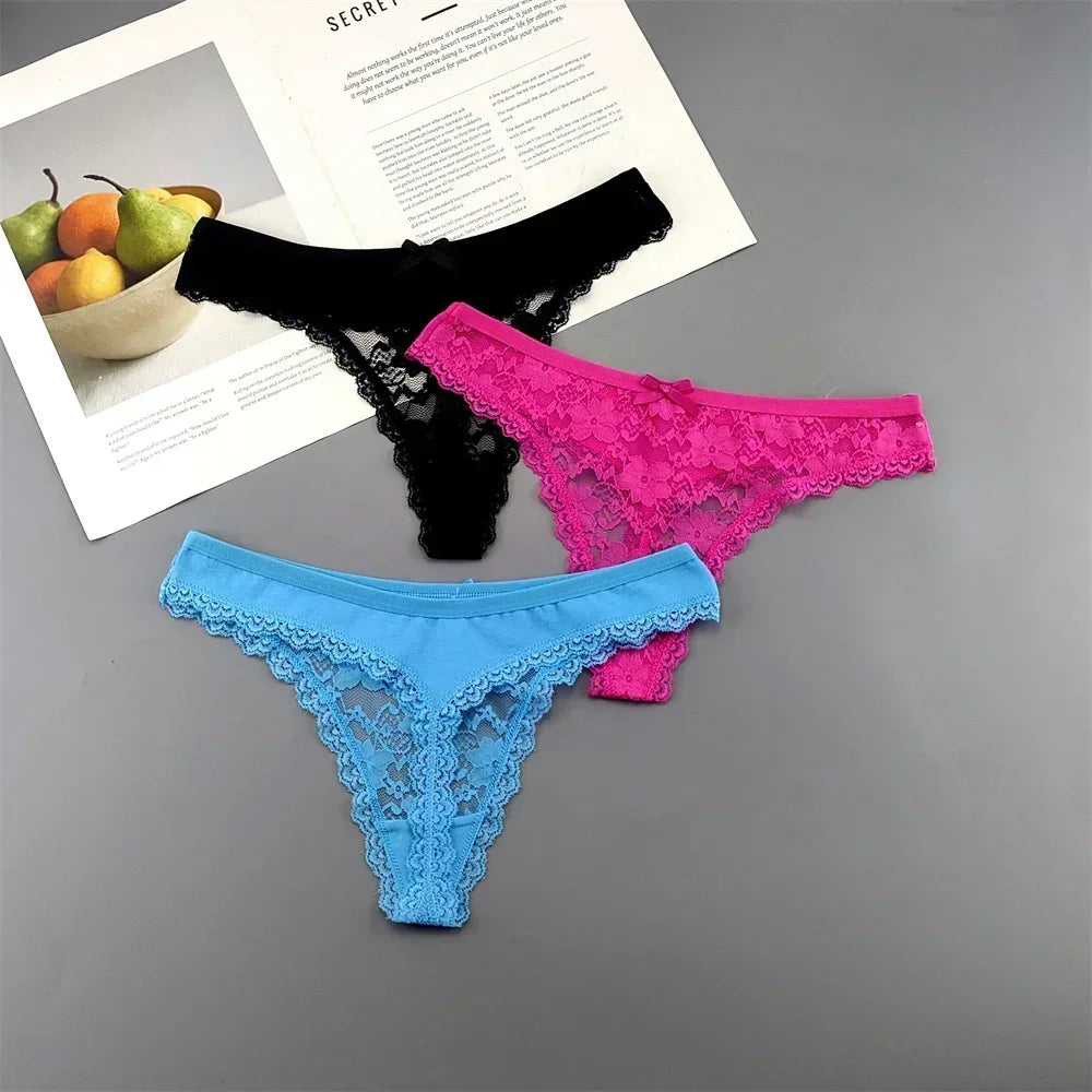 INTIMO SECRETS Plus Size Lace Cotton Thongs – Seamless T-Back G-String Underwear for Women 3PC