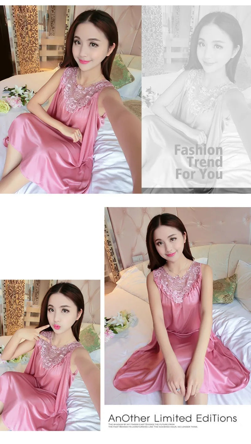 Summer Imitation Silk Nightgowns Women 2025 Sexy Sleepwear Nightwear Female  Spaghetti Strap Underwear Lace Breathable Homewear