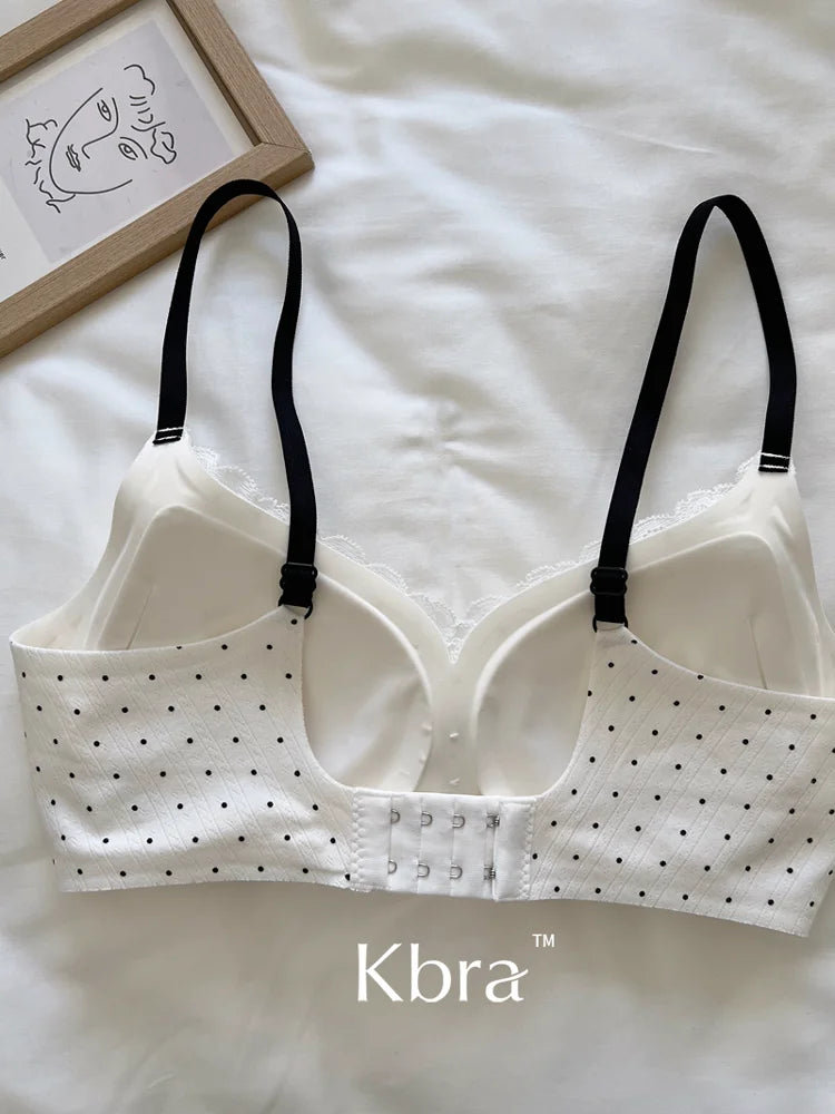 Lace Contrast Floral Print Lingerie for Women, Small Chest Gathering, Seamless and Underwire Bra