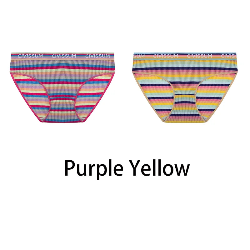 2PCS/Set Women Cotton Plus Size Panties M-4XL Comfort Underwear Sexy Colorful Rainbow Striped Lingerie Girls Cute Briefs NK608
