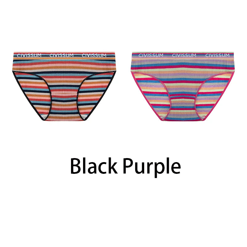 2PCS/Set Women Cotton Plus Size Panties M-4XL Comfort Underwear Sexy Colorful Rainbow Striped Lingerie Girls Cute Briefs NK608
