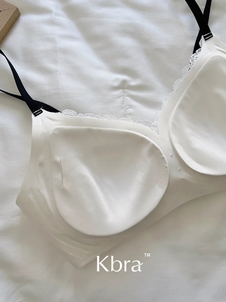 Lace Contrast Floral Print Lingerie for Women, Small Chest Gathering, Seamless and Underwire Bra