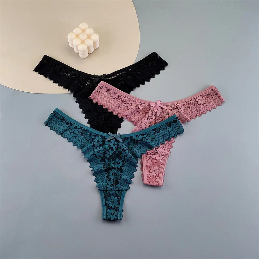 INTIMO SECRETS 3PCS Lace Thongs – Transparent Mid-Waist G-Strings Plus Size
