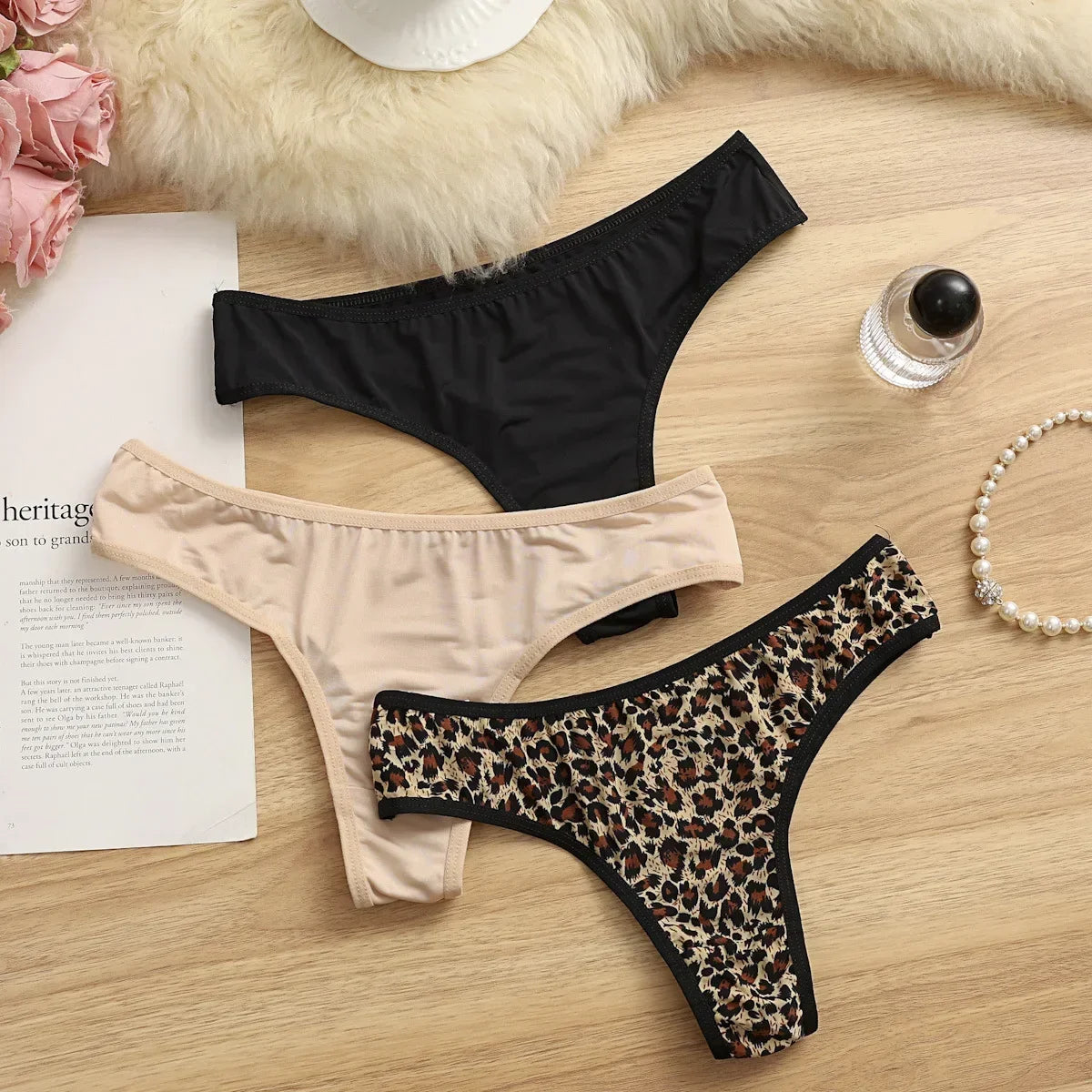 INTIMO SECRETS Women’s Leopard-Print Thong – Low-Waist Ice Silk Seamless G-String Panties