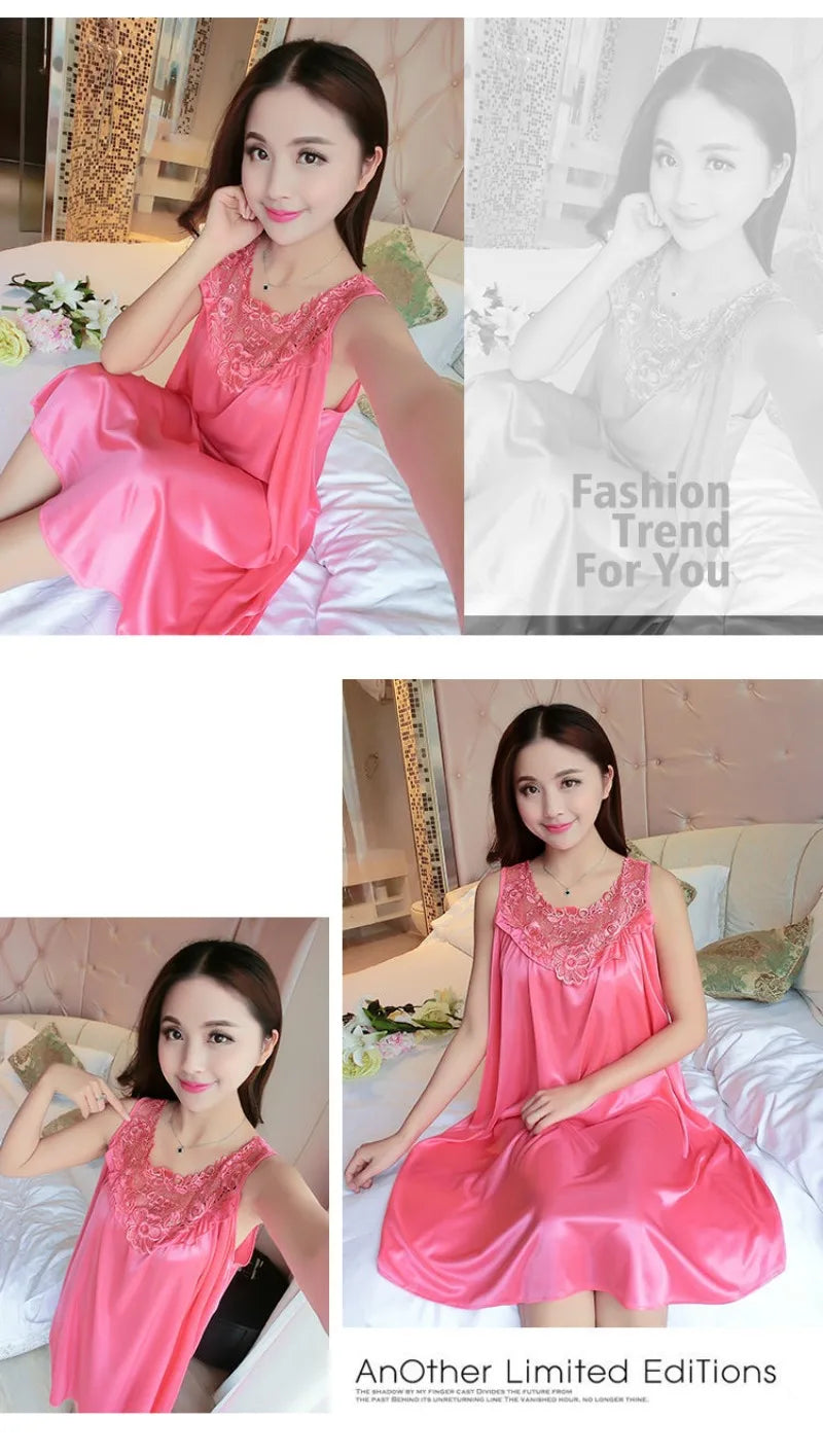 Summer Imitation Silk Nightgowns Women 2025 Sexy Sleepwear Nightwear Female  Spaghetti Strap Underwear Lace Breathable Homewear