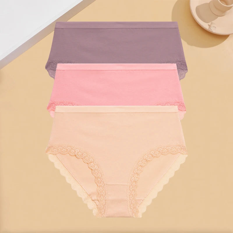 INTIMO SECRETS 3PCS Cotton Lace Panties – Plus Size Women’s Mid-Waist Lingerie