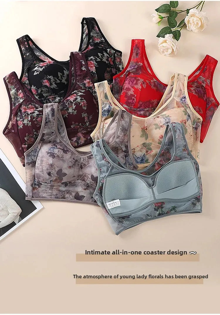 Plus Size Fixed Cup Bra Wireless Breathable Summer Thin Underwear One-Piece Vest Style for Middle-Aged And Elderly People