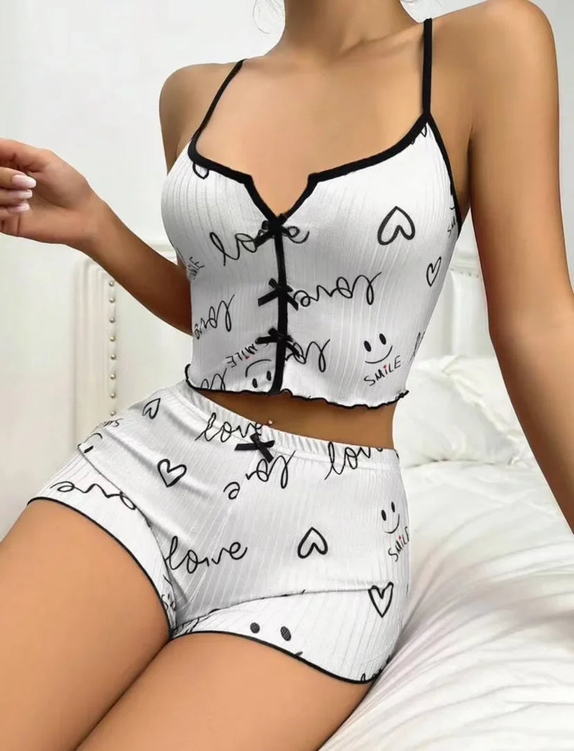Sexy Sleepwear Women Pajamas Set Heart Print Silk Stain V-Neck Sleeveless Casual Cami Top and Shorts Sets Home Suit Loungewear
