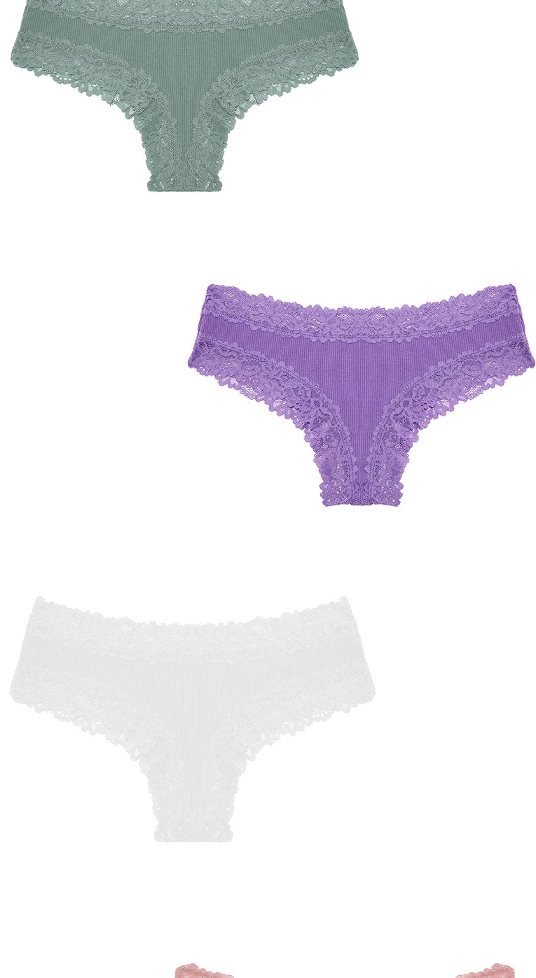 INTIMO SECRETS 3PCS Lace Cotton Thongs – Sexy Low-Rise Seamless G-String Underwear for Women S-XL
