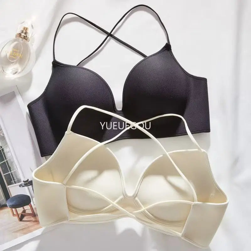 INTIMO SECRETS Women’s Thick Push-Up Bra – AA Cup, Wireless, Cross Strap, Seamless T-Shirt Bra