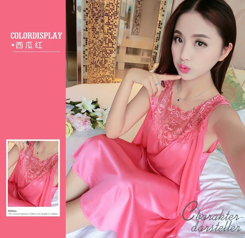 Summer Imitation Silk Nightgowns Women 2025 Sexy Sleepwear Nightwear Female  Spaghetti Strap Underwear Lace Breathable Homewear