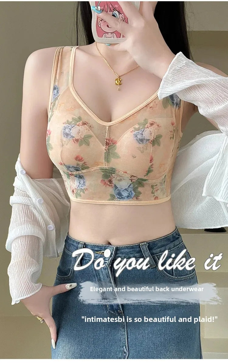 Plus Size Fixed Cup Bra Wireless Breathable Summer Thin Underwear One-Piece Vest Style for Middle-Aged And Elderly People