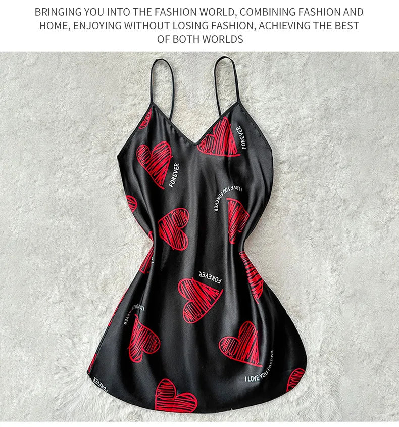 Print Satin Slip Nightdress V Neck Backless Mini Sleep Dress Women Sleepwear Dresses Nightgown Cosplay Sexy Pajama