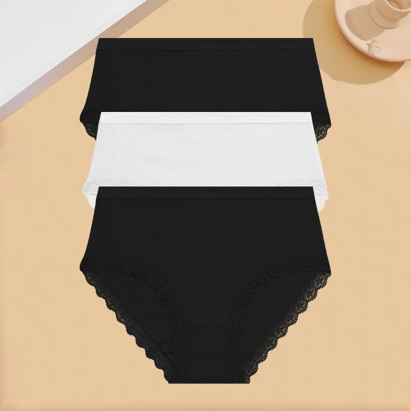 INTIMO SECRETS 3PCS Cotton Lace Panties – Plus Size Women’s Mid-Waist Lingerie