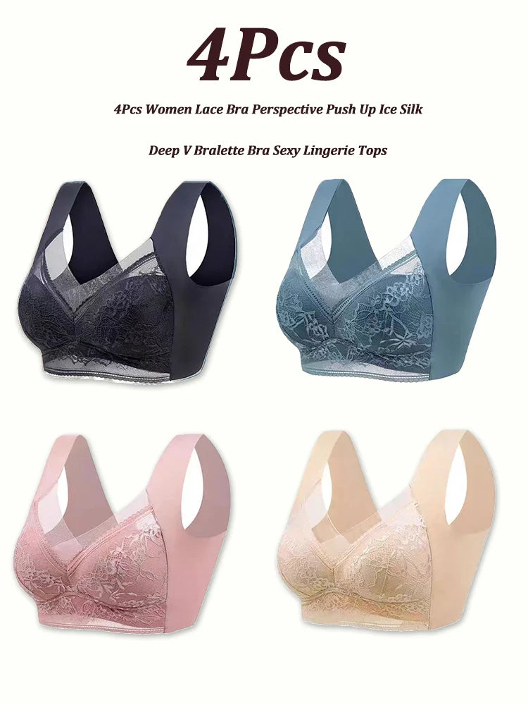 INTIMO SECRETS 4-Piece Lace Push-Up Bra Set – Ice Silk Deep V Bralette, Plus Size L-5XL