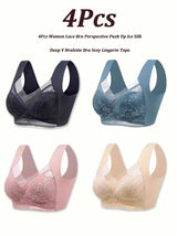 INTIMO SECRETS 4-Piece Lace Push-Up Bra Set – Ice Silk Deep V Bralette, Plus Size L-5XL