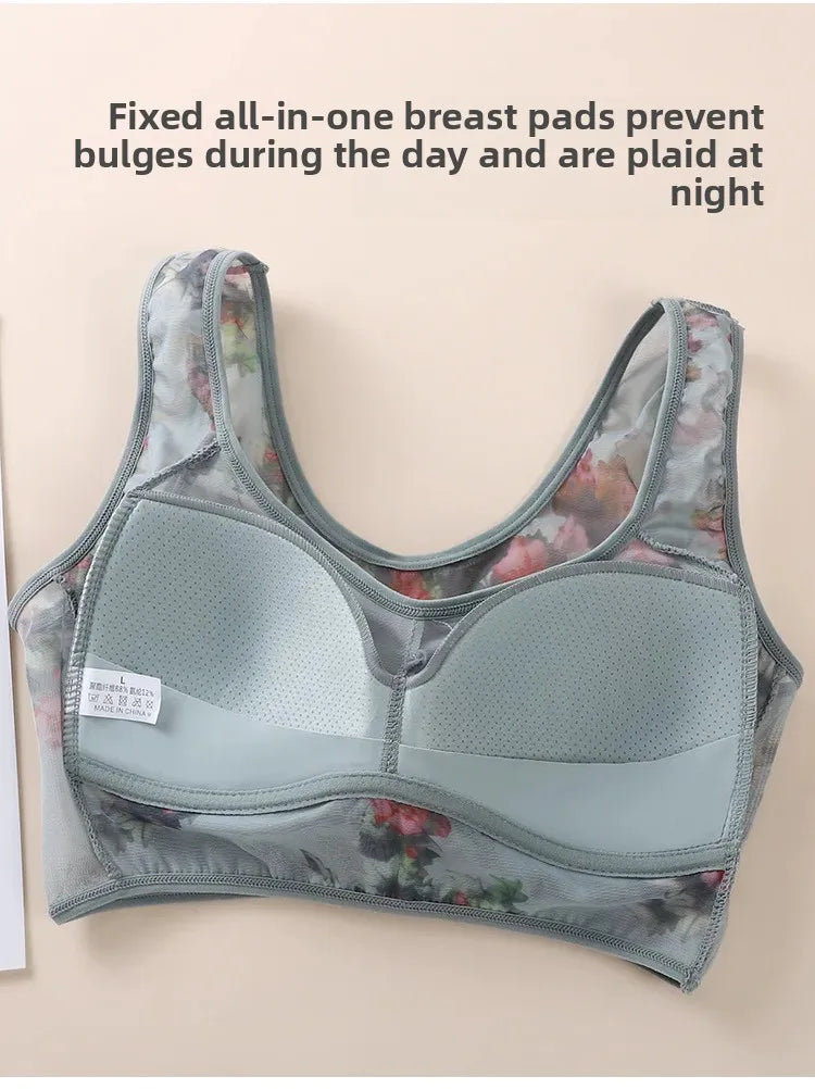 Plus Size Fixed Cup Bra Wireless Breathable Summer Thin Underwear One-Piece Vest Style for Middle-Aged And Elderly People