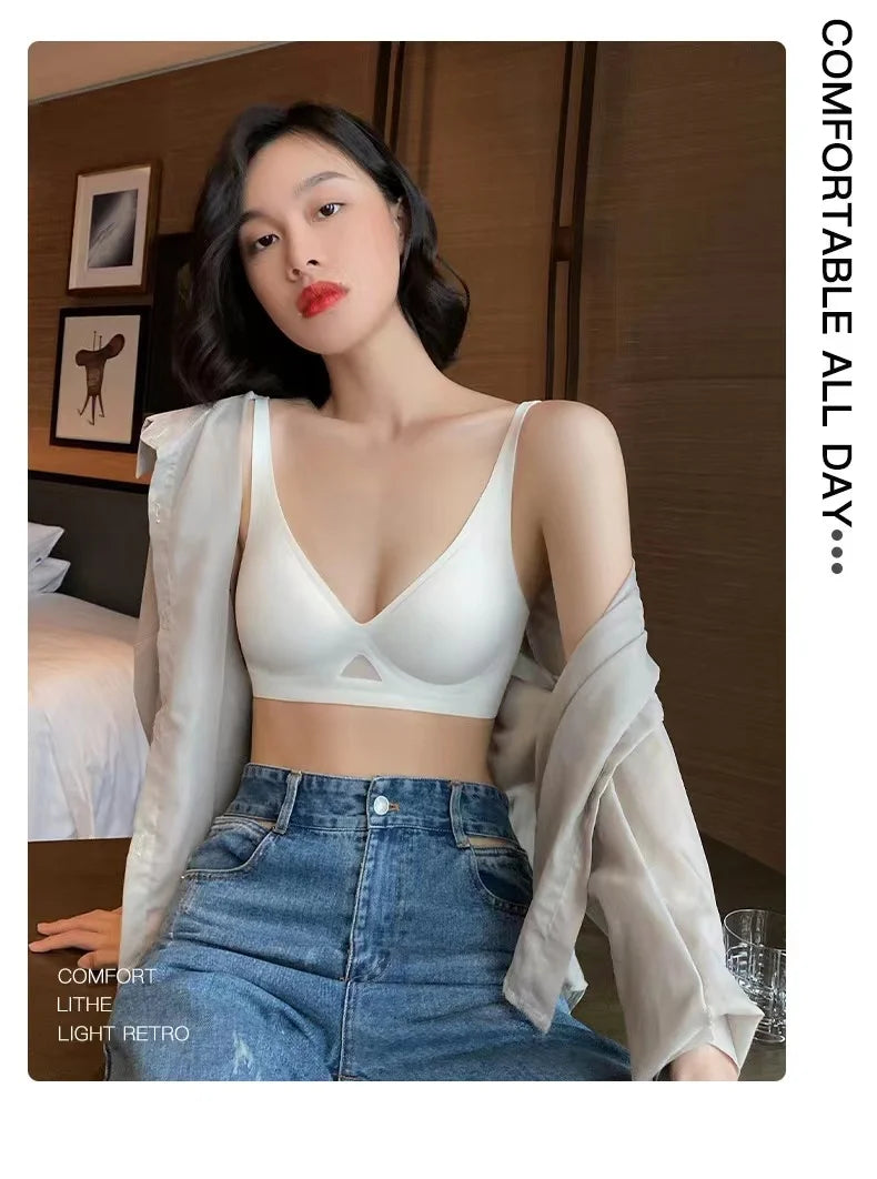 INTIMO SECRETS Women’s Wireless Deep V Hollow-Out Bra – Seamless, Soft 3/4 Cup Lingerie