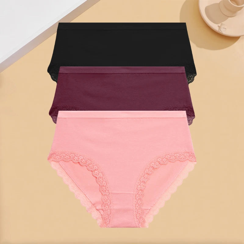 INTIMO SECRETS 3PCS Cotton Lace Panties – Plus Size Women’s Mid-Waist Lingerie
