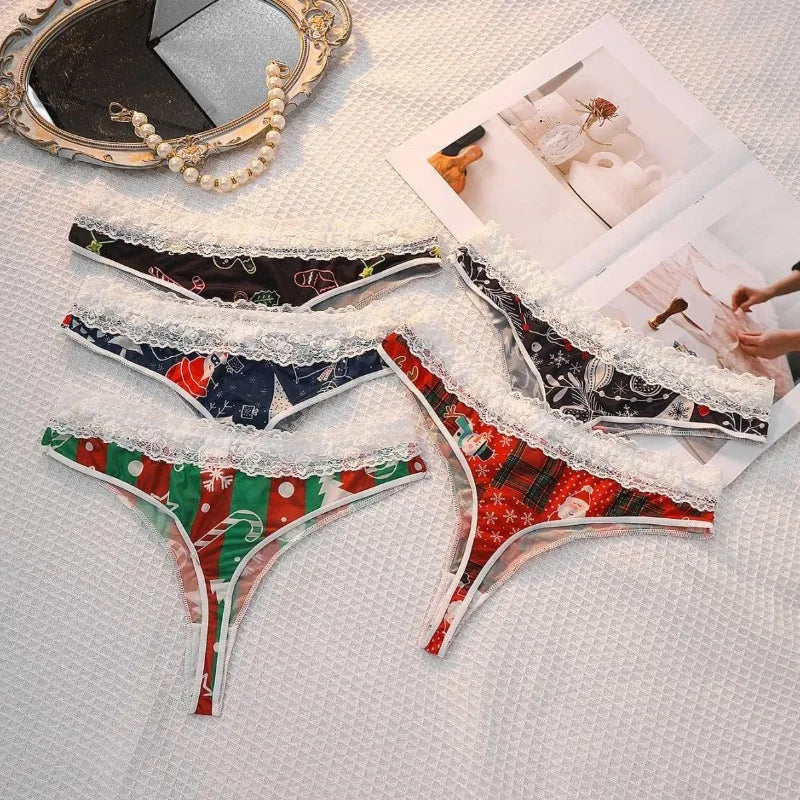 INTIMO SECRETS Sexy Christmas Print G-String – Festive Lace Thong & Breathable Soft Holiday Lingerie