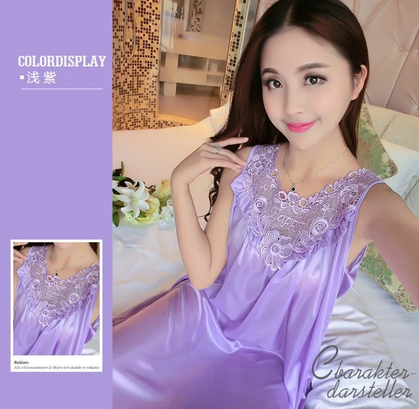 Summer Imitation Silk Nightgowns Women 2025 Sexy Sleepwear Nightwear Female  Spaghetti Strap Underwear Lace Breathable Homewear