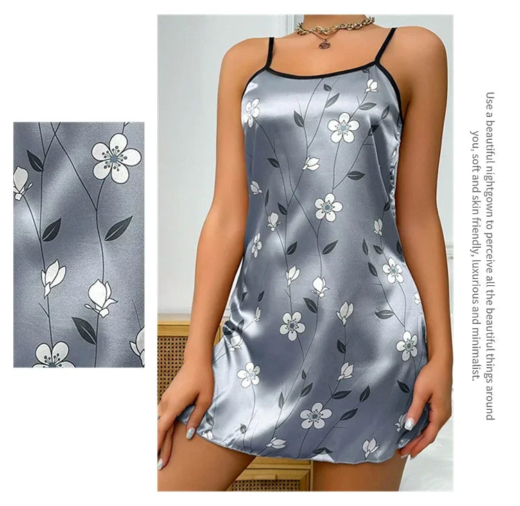 Women's Sleepwear Summer Floral Print Satin Nightgown Casual Sleeveless Backless Slip Night Dress Sexy Nightdress Home Clothes
