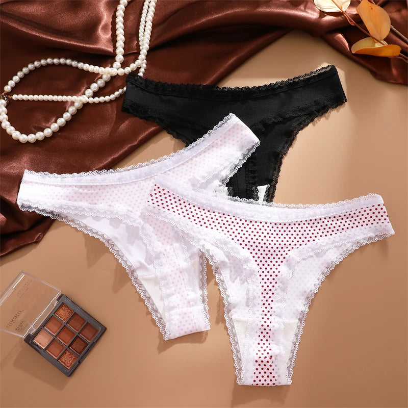 INTIMO SECRETS 3PCS Dot Print Thongs – Seamless Low-Waist Lace G-String Underwear for Women