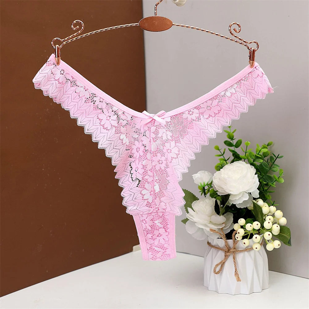 INTIMO SECRETS Mid Waist Sexy Lace Thong – Hollow Out G-String Underwear for Women, Plus Size S/M/L