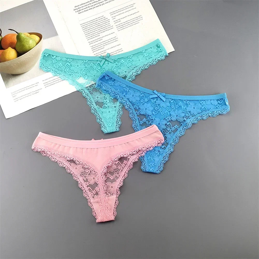 INTIMO SECRETS Plus Size Lace Cotton Thongs – Seamless T-Back G-String Underwear for Women 3PC