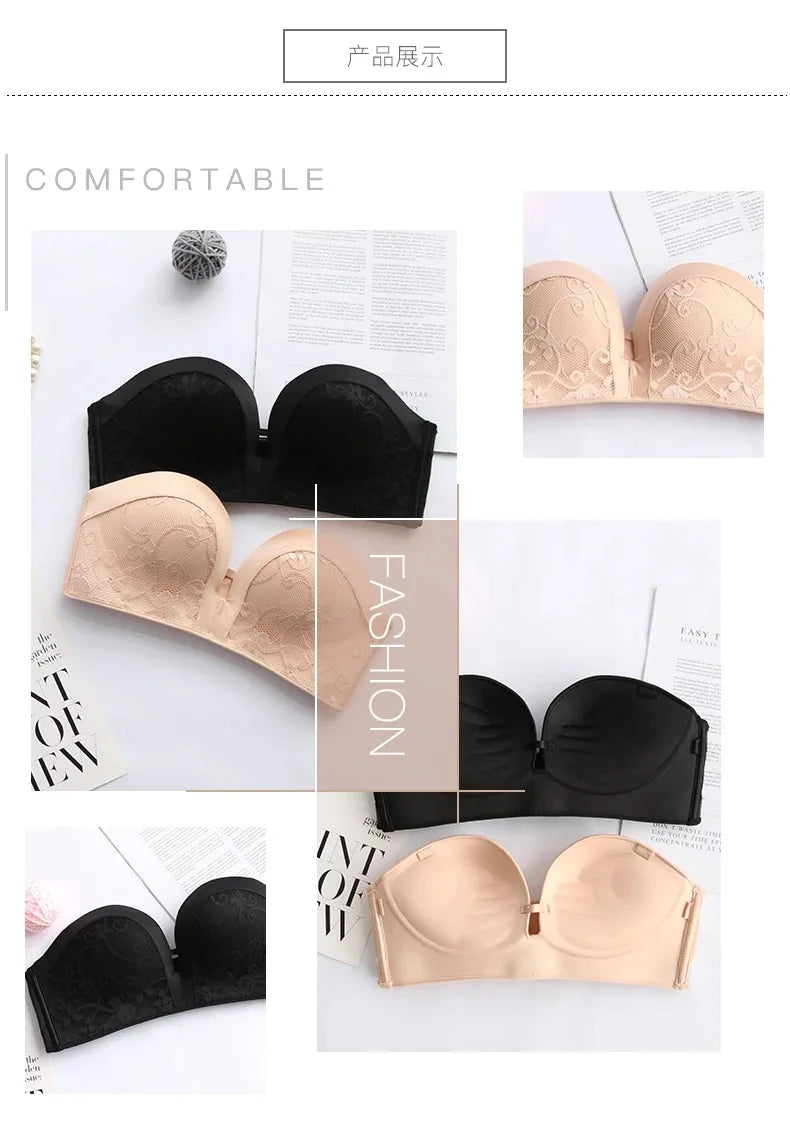 INTIMO SECRETS Women’s Sexy Strapless Bra – Black Lace Seamless Push-Up Invisible Bralette