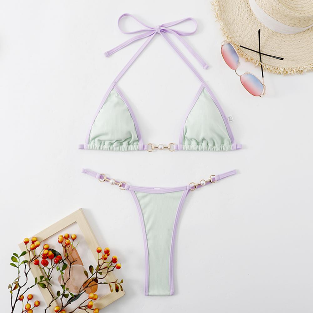 INTIMO SECRETS Women Contrast Halter Bikini Set Deep V Pearl Swimwear