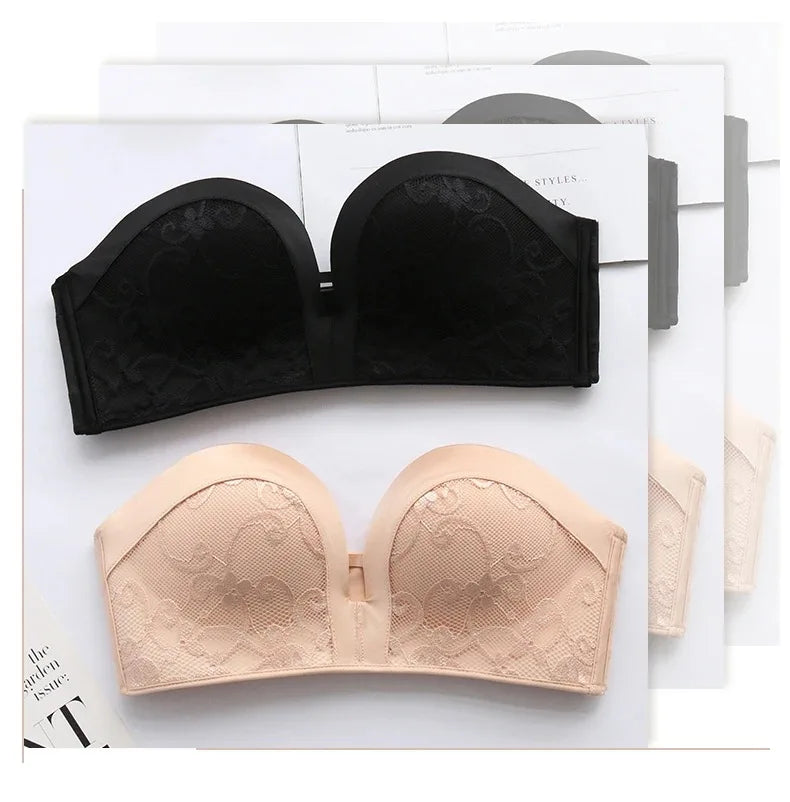 INTIMO SECRETS Women’s Sexy Strapless Bra – Black Lace Seamless Push-Up Invisible Bralette