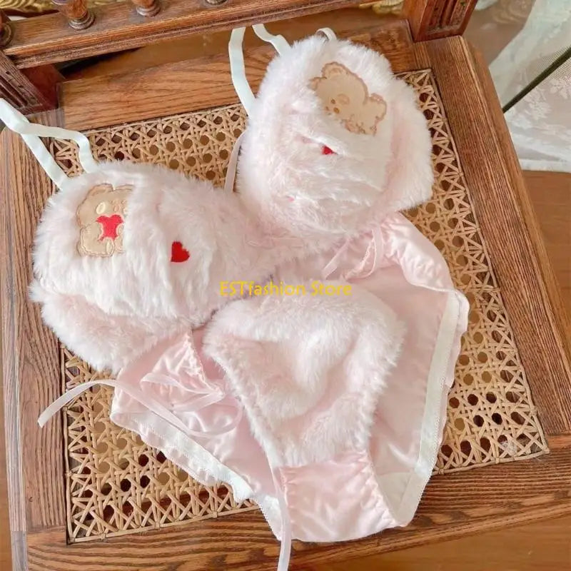 INTIMO SECRETS Anime Bear Plush Bra & Tie-Side Panty – Furry Lingerie Set