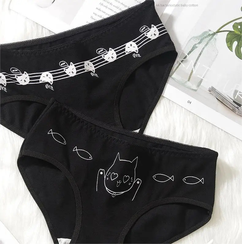 3 Pcs Cartoon Print Black Plus Size Triangle Underwear Cotton Panties Women's Breathable Soft Lingerie Girls Female Underpants