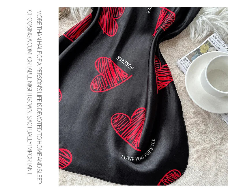 Valentine's Day Red Lip Print Satin Slip Nightdress V Neck Backless Mini Sleep Dress Women's Sleepwear Dresses