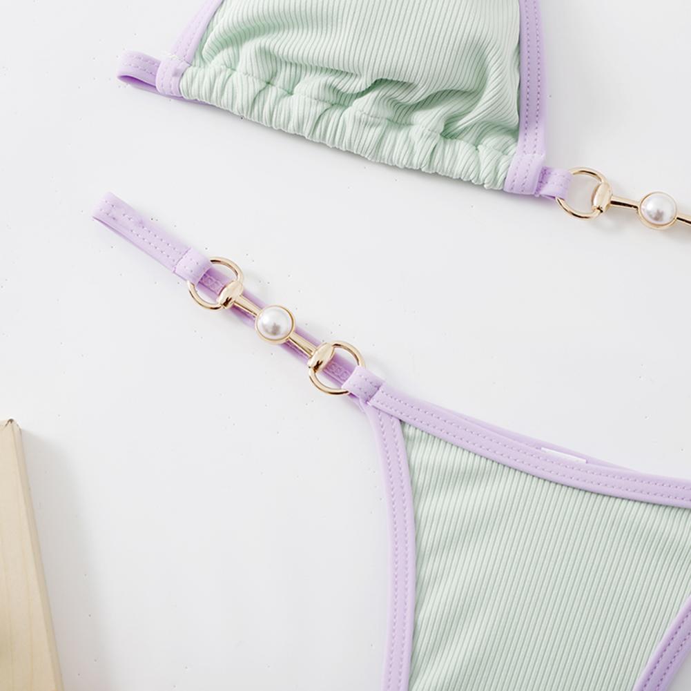 INTIMO SECRETS Women Contrast Halter Bikini Set Deep V Pearl Swimwear