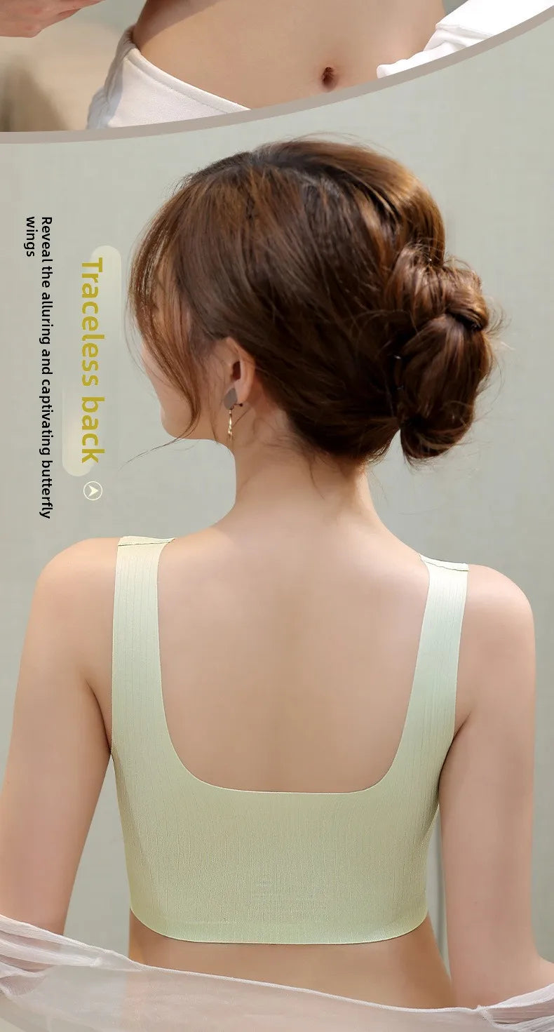 Seamless Lace Backless Bra Vest Fixed Cup Push-Up Side Breast Collection Wireless Vest Style Sleep Bra