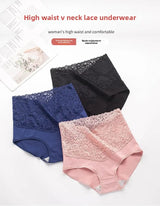 INTIMO SECRETS High Waist Cotton Briefs - V-Neck Lace Abdomen Control