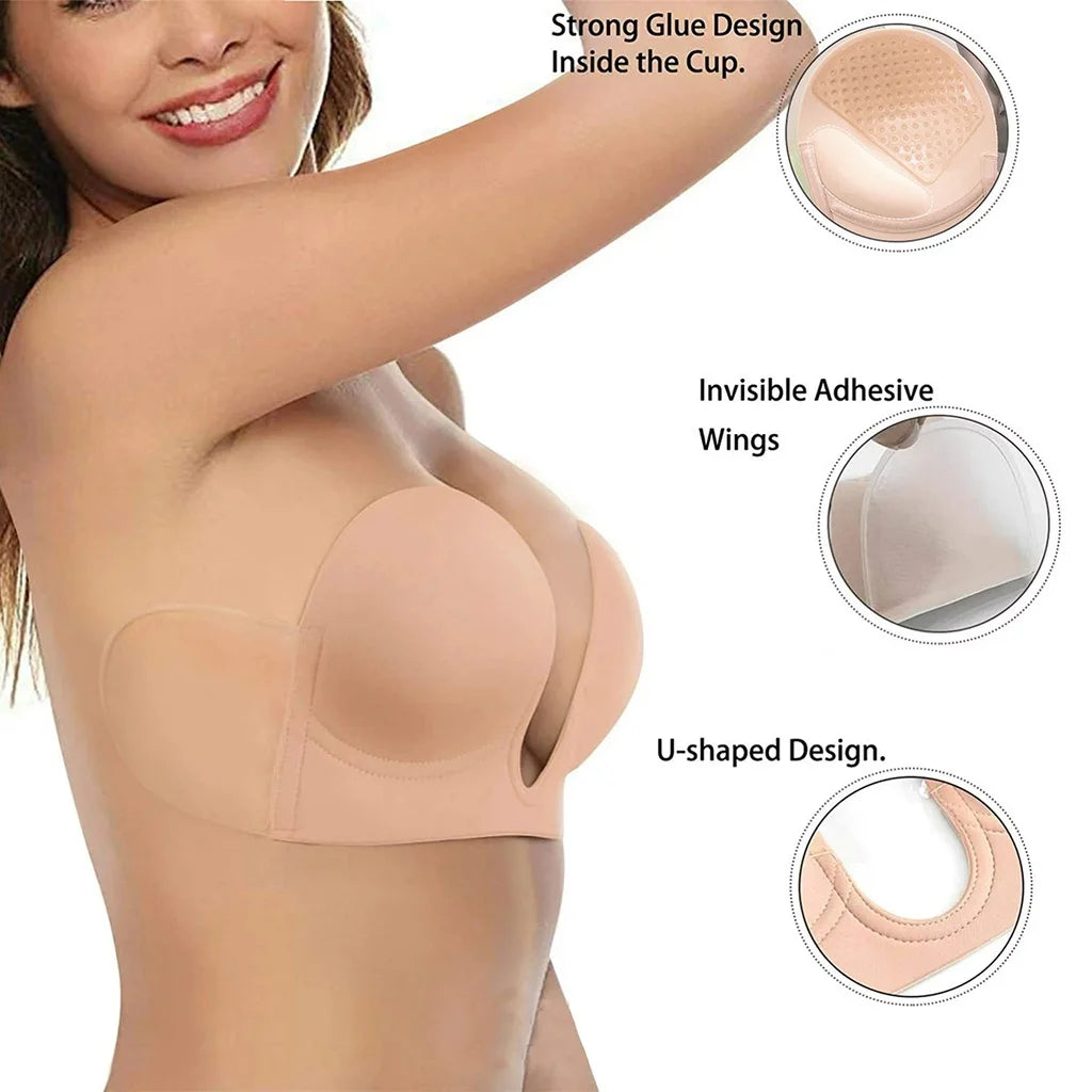 INTIMO SECRETS Strapless U-Shaped Silicone Bra – Invisible Adhesive Push-Up Backless Lifting Bralette