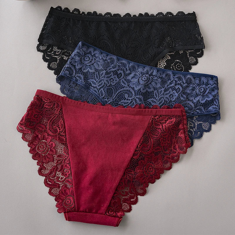 3PCS/Set Luxury Floral Embroidery Lace Panties Women Briefs Sexy Hollow Lingerie Female Underwear Ladies Breathable Underpants