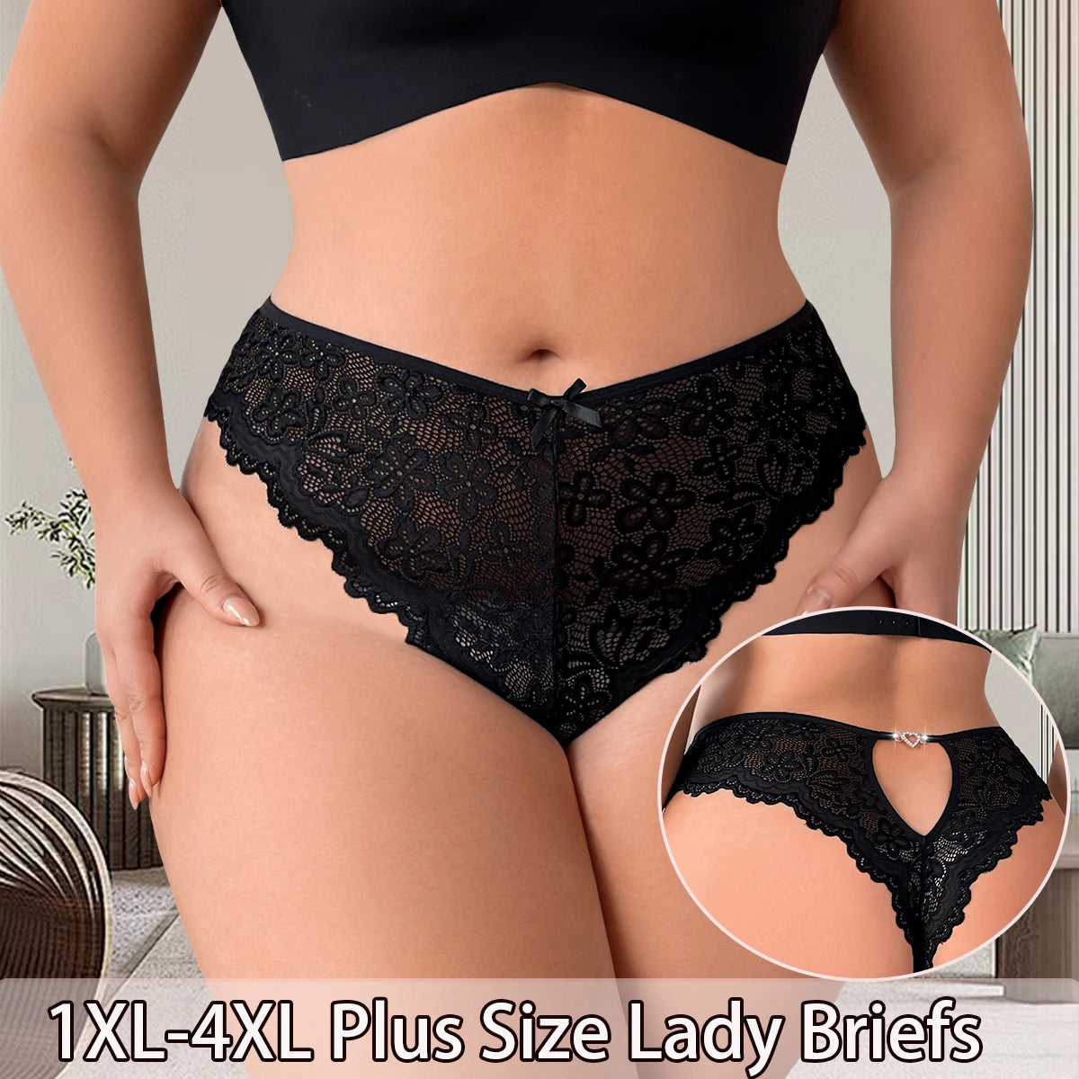 INTIMO SECRETS Plus-Size Mid-Waist Black Floral Panties 1XL-4XL