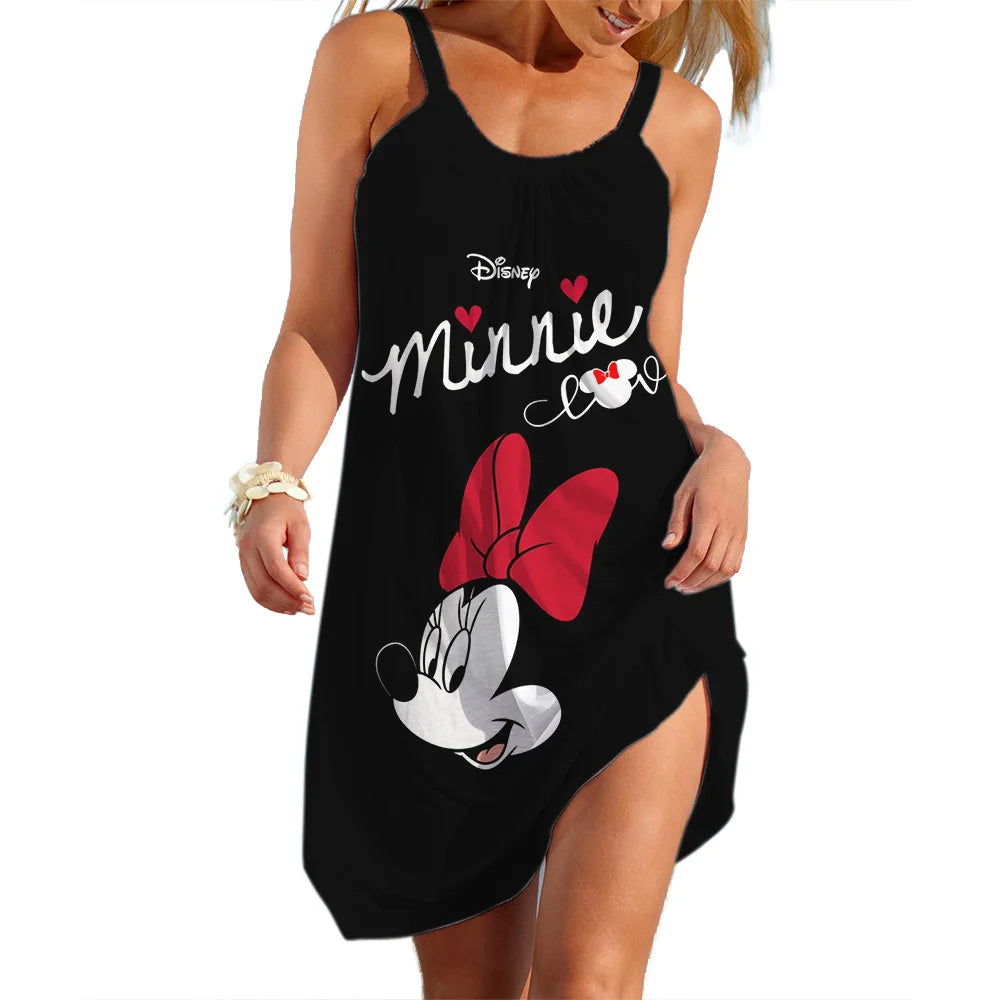 Disney-Mickey Minnie Dresses for Women Soft Women's Beach Dresses Summer Fashion Sling Print Sexy Skinny Seaside Casual Oversize