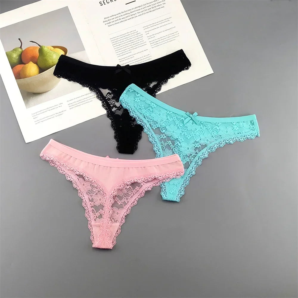 INTIMO SECRETS Plus Size Lace Cotton Thongs – Seamless T-Back G-String Underwear for Women 3PC